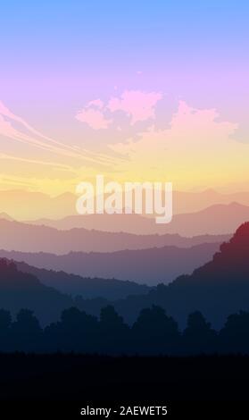 Natürliche Wald Bäume berge Horizont Hügel Sonnenaufgang und Sonnenuntergang Landschaftstapete Illustration vektor Stil bunte hintergrund Stock Vektor