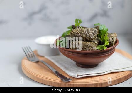 Oriental dish Dolma aus Weinblättern und Hackfleisch. Ein herzhaftes, gesundes Gericht. Soße und rote Paprika in weißen Schalen. Alles ist mit Petersilie dekoriert Stockfoto