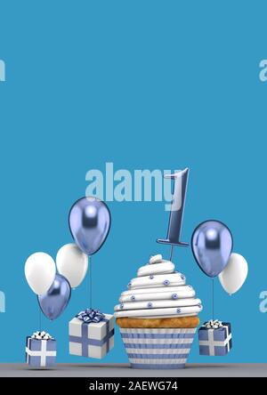 Nummer 1 blau Geburtstag Cupcake mit Ballons und Geschenke. 3D-Rendering Stockfoto