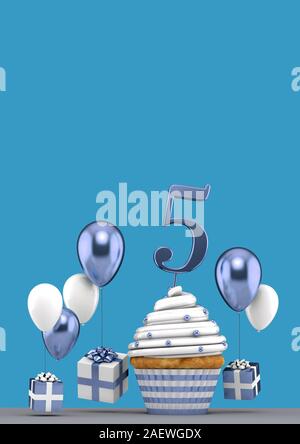 Nummer 5 blau Geburtstag Cupcake mit Ballons und Geschenke. 3D-Rendering Stockfoto