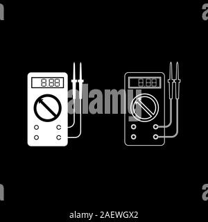 Digitalmultimeter zur Messung von elektrischen Indikatoren AC DC-Spannung Stromstärke Ohmmeter macht mit Sonden Symbol outline Weiß Vektor einrichten Stock Vektor