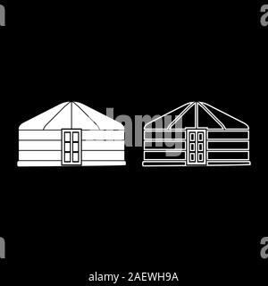 Jurten der Nomaden tragbaren Rahmen Wohnung mit Tür mongolischen Zelt für Gebäude Symbol outline weiß Vektor-illustration Flat Style einfach einstellen Stock Vektor