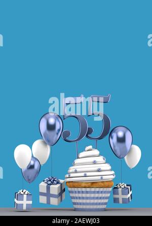 Nummer 55 blau Geburtstag Cupcake mit Ballons und Geschenke. 3D-Rendering Stockfoto