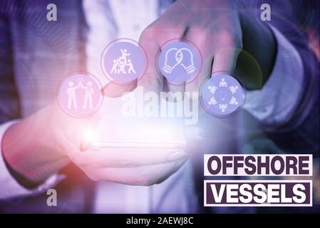 Schreiben Hinweis Übersicht Offshore Schiffe. Business Konzept für gestalteten Schiff offshore Öl- und Gasplattformen zu liefern Stockfoto