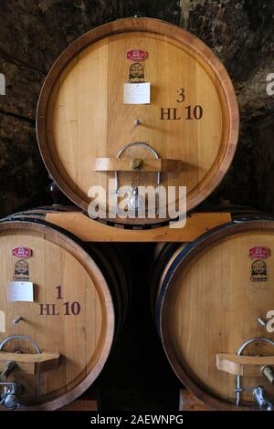 Der Weinkeller und Fässer des historischen Cantine de Ricci Weingut in Montepulciano Ferienhaus Toskana Italien EU - Toskana Weingut - Wein Montepulciano Stockfoto