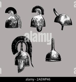 Antike griechische, Assyrer, Sumerer, persische Helme. Bronze Helm set Abbildung. Stockfoto