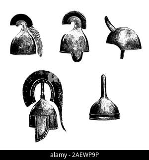 Antike griechische, Assyrer, Sumerer, persische Helme. Bronze Helm set Abbildung. Stockfoto