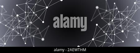 Schwarze und graue abstrakte futuristische Crypto blockchain Abbildung. Weiße Punkte und Formen in Dreiecke für Website Header oder Banner Design Stockfoto