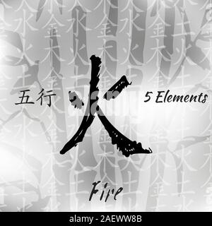 Fünf Feng Shui Elemente Set - Symbole chinesische Wu Xing. Übersetzung der chinesischen Hieroglyphen-Holz, Feuer, Erde, Metall, Wasser. Stock Vektor