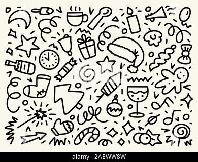 Doodle einfachen Vektor Hand gezeichnet. Frohes Neues Jahr und Frohe Weihnachten Überblick Hintergrund Stock Vektor