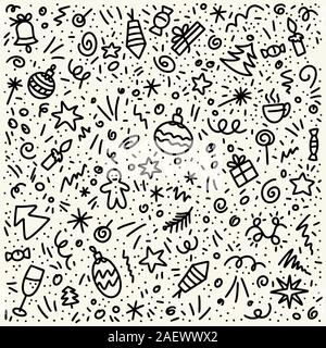 Doodle handgezeichnete Muster mit Feuerwerk, Sterne, Spielzeug und Geschenke in der Farbe schwarz. Frohes Neues Jahr und Frohe Weihnachten Überblick Hintergrund Stock Vektor