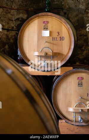 Der Weinkeller und Fässer des historischen Cantine de Ricci Weingut in Montepulciano Ferienhaus Toskana Italien EU - Toskana Weingut - Wein Montepulciano Stockfoto