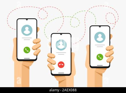 Smartphone Mockup in der menschlichen Hand. Annehmen und Ablehnen von Anrufen. Anruf aus Adressbuch. Vektor Flachbild bunte Technologie Abbildung Stock Vektor