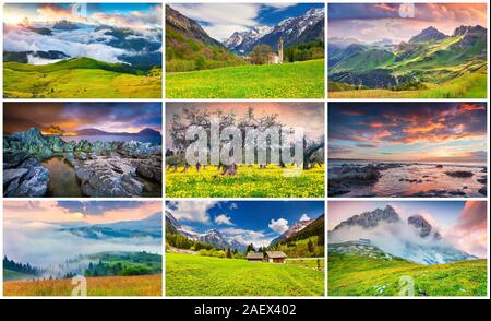 Collage mit 9 bunten Sommer Landschaften. Stockfoto