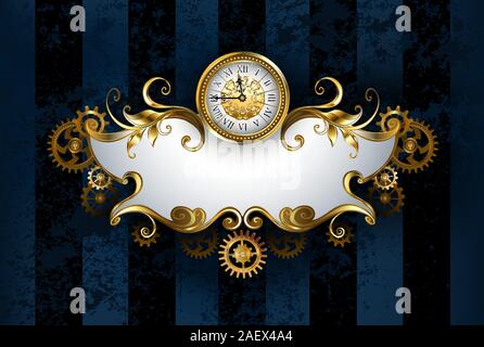 Schmuck, gemusterten Fahne mit antiken Uhren, geschmückt mit Gold und Erz Zahnräder auf dunkelblau, texturiert, gestreiften Hintergrund, in der Steampunk sty gezeichnet Stock Vektor