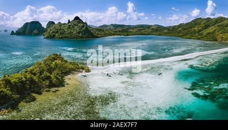 Luftaufnahme von Sandbank mit türkisblauem Meer Flachwasser auf tropischen Vigan Snake Island. Besuch von touristischen Reise Tour in El Nido Marine Reserve Park Stockfoto