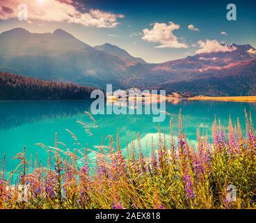 Farbenfrohe Sommer morgen auf der Champferersee See. Silvaplana Dorf im Morgennebel. Alpen, Schweiz, Europa. Instagram Muskelaufbau. Stockfoto