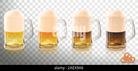 Verschiedene Arten von Bier im Glas Bierkrüge auf einem transparenten Hintergrund Stock Vektor