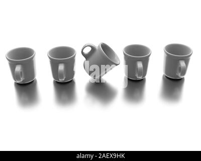 Eine einzelne unterschiedliche Tasse mit anderen Cups auf weißem Hintergrund. Geschäftskonzept. 3D-Rendering Stockfoto