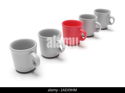 Eine einzelne rote Schale mit anderen Cups auf weißem Hintergrund. Geschäftskonzept. 3D-Rendering Stockfoto