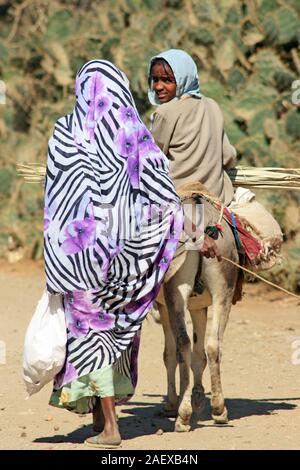 Junge eritreische Mädchen reiten ein Esel mit ihrer Mutter nach eng, in der Nähe von Keren, Eritrea. Stockfoto