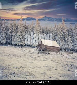 Schönen winter Sonnenaufgang in den nebligen Berge. Ersten Frost im Dezember. Stockfoto