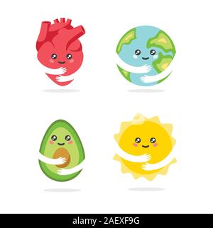 Sammlung von cute Cartoon Charaktere mit lächelnden Gesichtern und Händen Stock Vektor