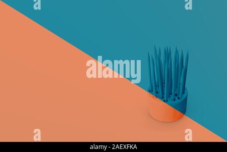 Holz stumpf Bleistifthalter in abstrakte Pastell Korallen und blaue Farbe Malen mit Pastellfarben. Kreatives Konzept Komposition mit kopieren. 3D-Rendering. Stockfoto