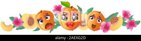 Süßer Pfirsich Grenze. Cute cartoon emoji Früchte Stock Vektor