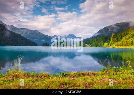 Farbenfrohe Sommer morgen auf der Champferersee See. Silvaplana Dorf im Morgennebel. Alpen, Schweiz, Europa. Stockfoto