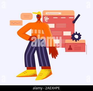 Junge kreative männlichen Web Designer bei Websites Logo landing page Symbol posiert isoliert Stock Vektor