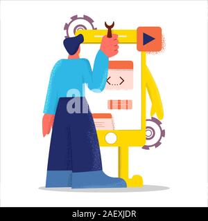 Abstrakte flache Bauform männlichen Entwickler mobile Anwendung Vektor-illustration großen gliedmassen Stil erstellen Stock Vektor