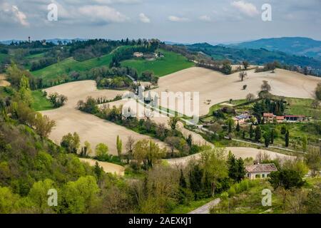 Landwirtschaftliche Landschaft mit Feldern, Bauern Häuser und Bäume Stockfoto