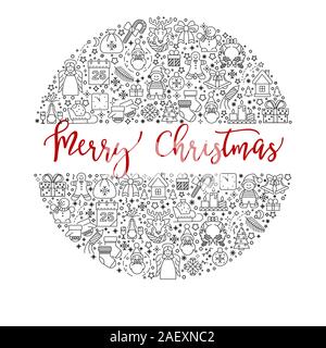 Frohe Weihnachten Banner mit Feiertagen festlich lineare Symbole im Kreis Stock Vektor