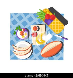 Picknick Layout der Ansicht von oben mit in Scheiben geschnittenen Wassermelone und Früchte Stock Vektor