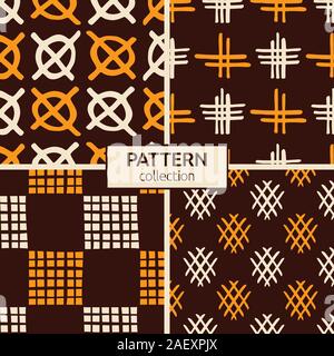 Satz von vier abstrakte nahtlose Muster von Hand gezeichnet Formen. Strukturierte Kreise Muster. Pinselstriche. Geometrische Formen Ornamente. Die diagonalen Linien. Stock Vektor