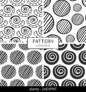 Satz von vier nahtlose Muster von Hand gezeichneten natürlichen Formen, Muscheln, Spiralen, gestreifte Kreisen. Geometrische Formen Ornamente. Design für Print; Gewebe. Stock Vektor