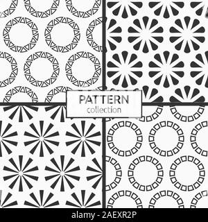 Satz von vier abstrakte nahtlose Muster von sich wiederholenden runden Ornamente auf weißem Hintergrund. Hintergründe mit Kreisen, wirbelnde Formen. Stock Vektor