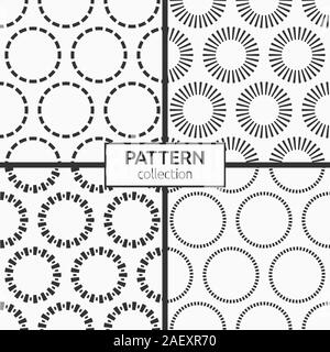 Satz von vier abstrakte nahtlose Muster von sich wiederholenden runden Ornamente auf weißem Hintergrund. Hintergründe mit Kreisen, wirbelnde Formen. Stock Vektor