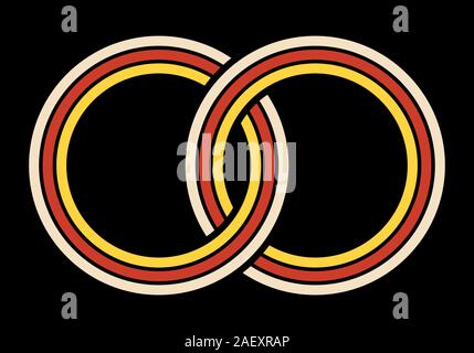 Verriegelung Kreise, Ringe, Kontur, auf schwarzem Hintergrund isoliert. Kreise, Ringe Konzept Symbol. Drei Kreise. Vector Farbe Abbildung. Stock Vektor