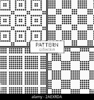 Satz von vier nahtlose Muster. Moderne, elegante Textur. Wiederkehrende geometrische Fliesen der gestrichelten Quadrate, Punkte. Einfache monochromen vector Hintergrund. Stock Vektor