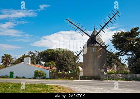 Alte Mühle (Moulin de Bel-Air), Le Bois-Plage in der Nähe von St Martin de Re, Ile de Re, Charente-Maritime (17), Nouvelle Region Aquitaine, Frankreich Stockfoto