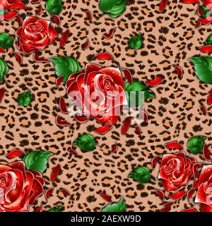 Leopard Skin Texture mit nahtloser rot-rosa Blüten. Fell Muster. Floral background. - Abbildung Stockfoto