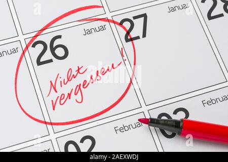 Speichern Sie das Datum auf einen Kalender geschrieben - 26. Januar-Nicht vergessen in deutscher Sprache Stockfoto