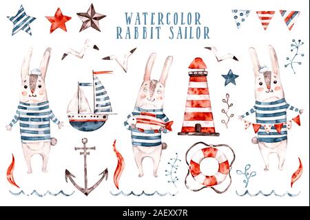 Hand gemalte Aquarell Abbildung: Eine nette lustige Kaninchen sailor in gestreiften T-Shirt. Baumschule clipart mit Bunny und Meer isolierte Objekte Stockfoto