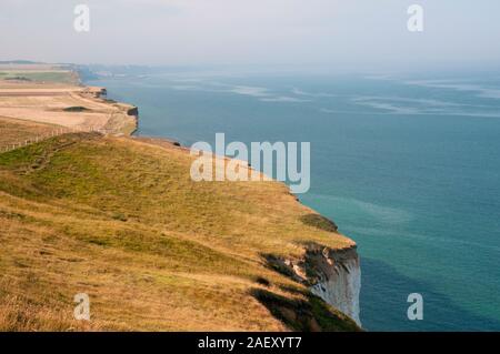 Blick über den Ärmelkanal von GR 21 coastal path auf den Klippen, Criel-sur-Mer, Finistère (76), Normandie, Frankreich Stockfoto