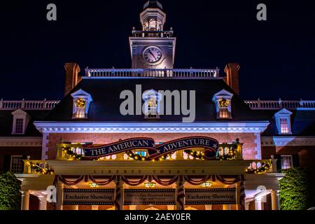 Orlando, Florida. Dezember 06, 2019. Teilweise mit Blick auf das amerikanische Abenteuer Gebäude in Epcot Stockfoto