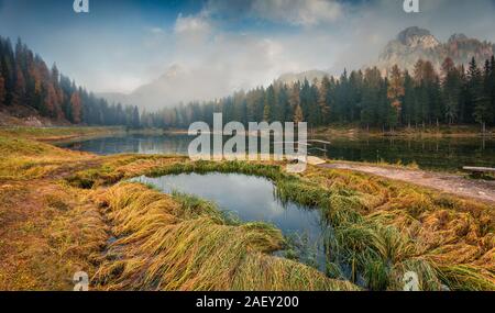 Misty outdoor Szene auf Antorno See. Bunte Herbst morgen in Dolomiten, Nationalpark Tre Cime di Lavaredo, Italien, Europa. Stockfoto