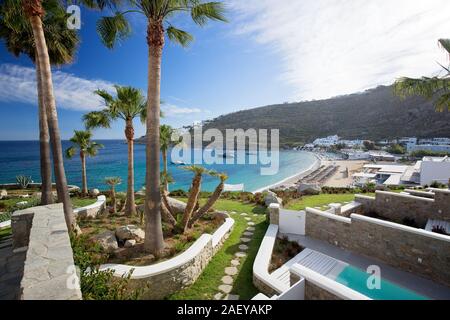 Panorama in Mykonos, Kykladen, Griechenland. Palmen im Vordergrund. Stockfoto