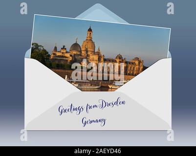 Blick über die Elbe-River auf der Brühlschen Terrasse, Akademie der Künste und der Kirche Unserer Lieben Frau, am frühen Morgen, Dresden, Sachsen, Deutschland, Europa Stockfoto